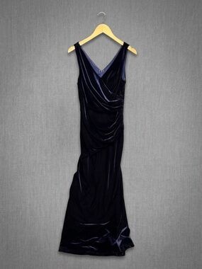 Revelry Navy Blue Velvet Formal Dress Size 6 Ruched Faux Wrap Maxi Gown